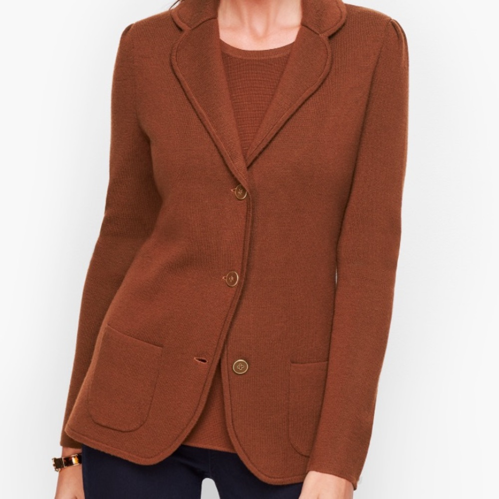 Talbots 100% Merino Wool Chocolate Brown Button Up Sweater Blazer